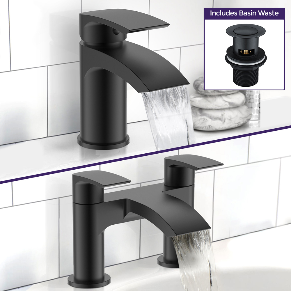 Nes Home Libra Waterfall Matte Black Bath Filler Tap and Basin Mixer Tap with Waste Image 4
