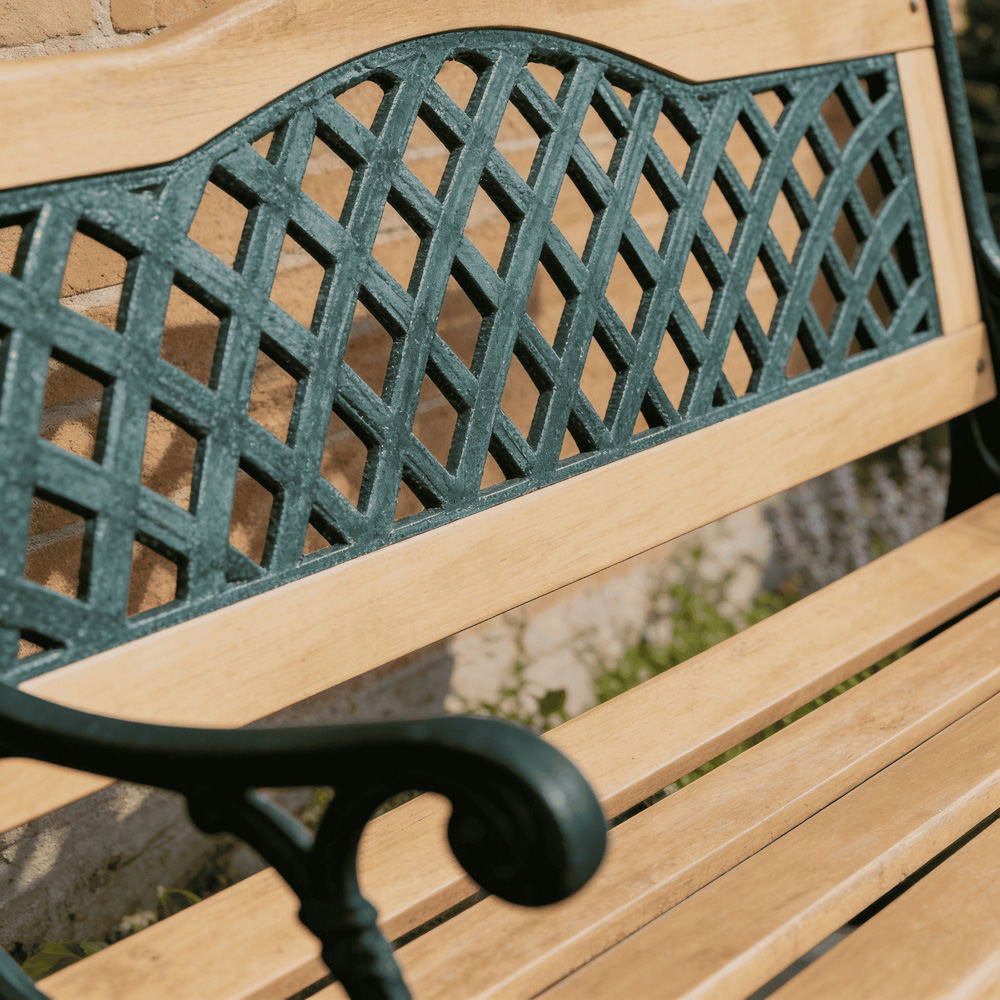 Home Source Lorien 2 Seater Verdigris Metal Wood Garden Bench Image 3