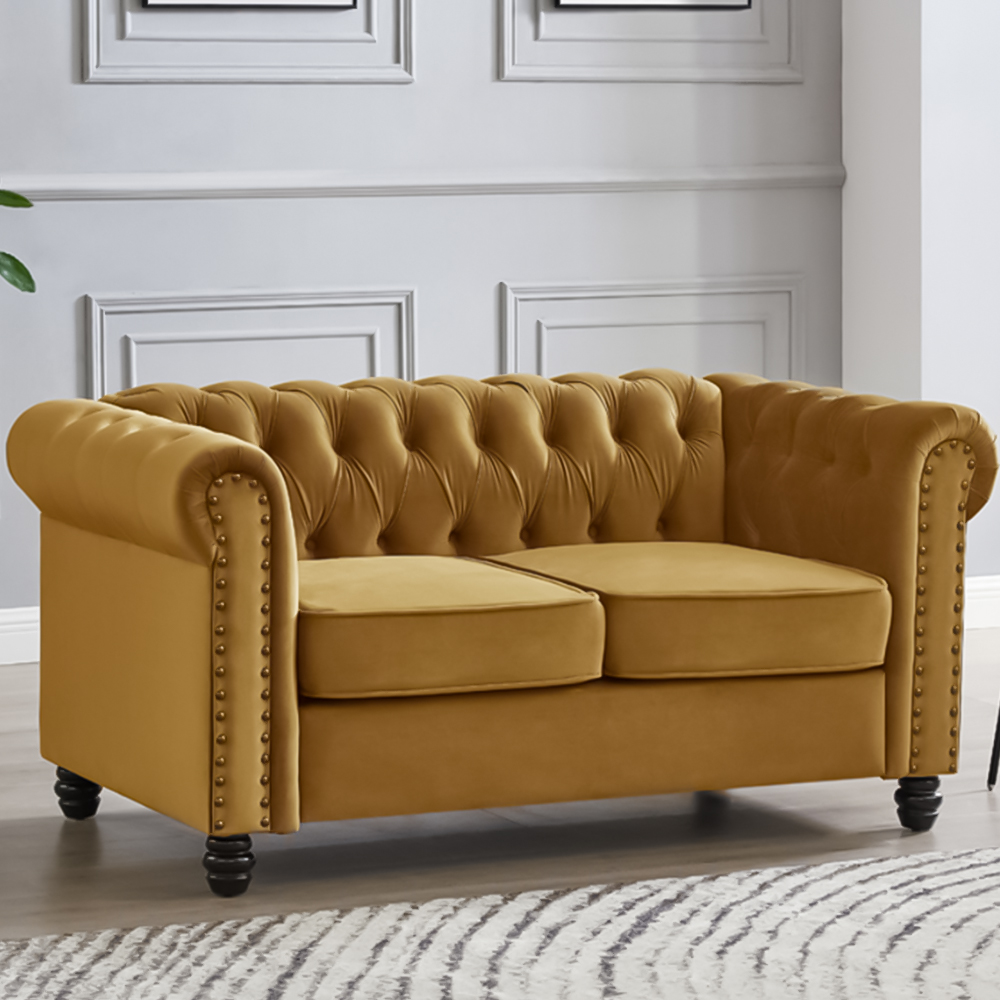 Home Detail Chesterfield 2 Seater Studded Gold Velvet Sofa Image 1