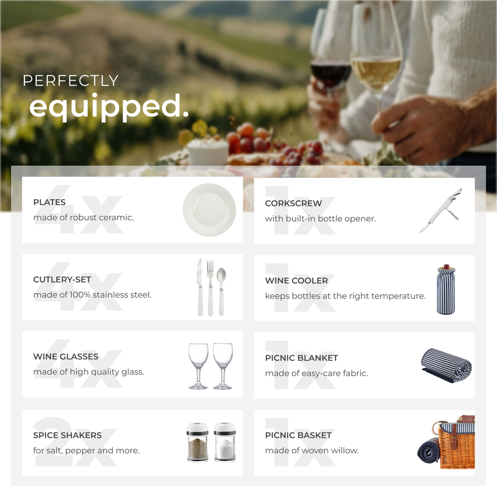 tectake Rugen 4 Person Picnic Basket with Cooler Compartment and Accessories Image 4