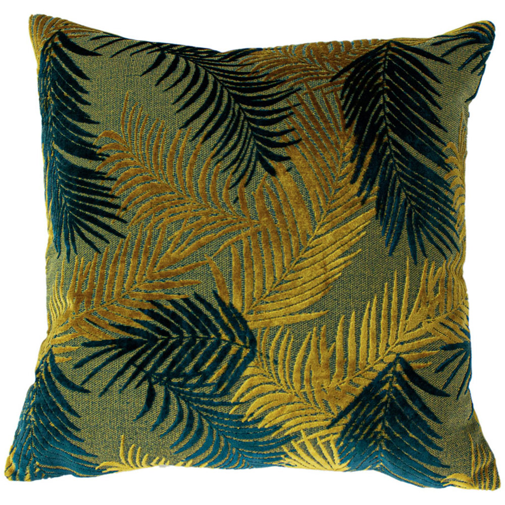 Paoletti Palm Grove Gold and Teal Velvet Jacquard Cushion Image 1