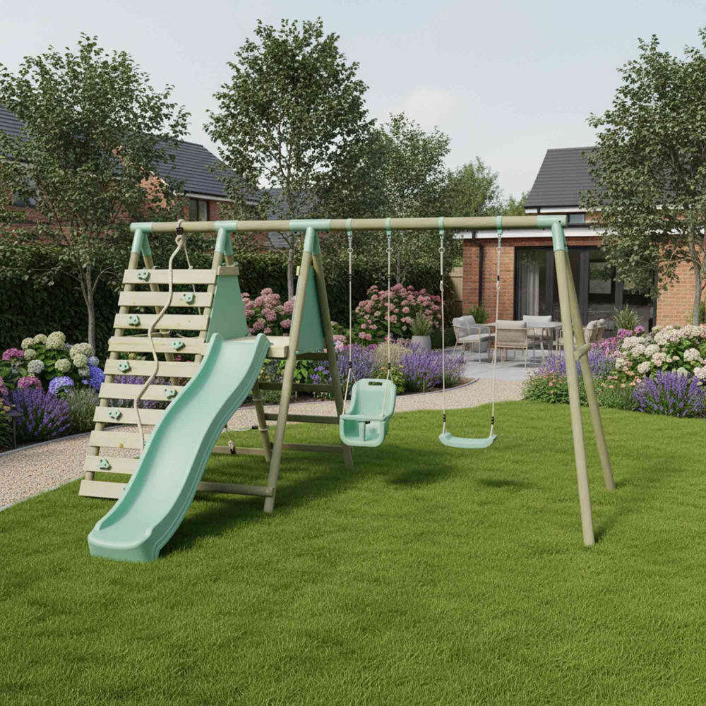 Mercia Wooden Round Pole Single Swing and Baby Seat Swing Set with Climbing Wall and Slide Image 2