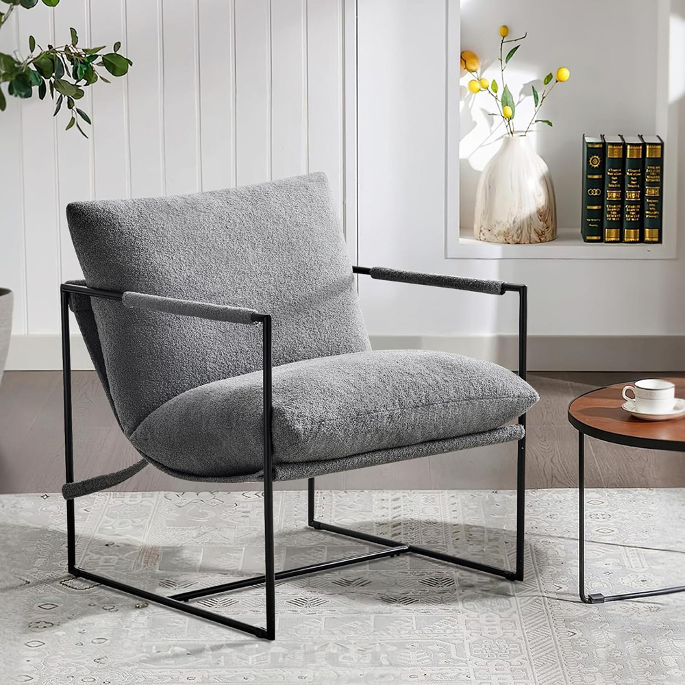 Luca Grey Boucle Upholstered Lounge Accent Chair with Metal Frame Image 3