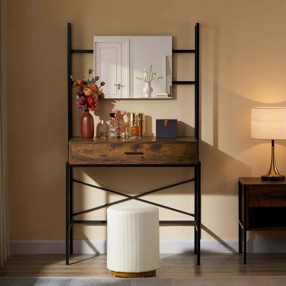 Vida Designs Brooklyn Single Drawer Dark Wood Industrial Vanity Dressing Table with Mirror Image 3