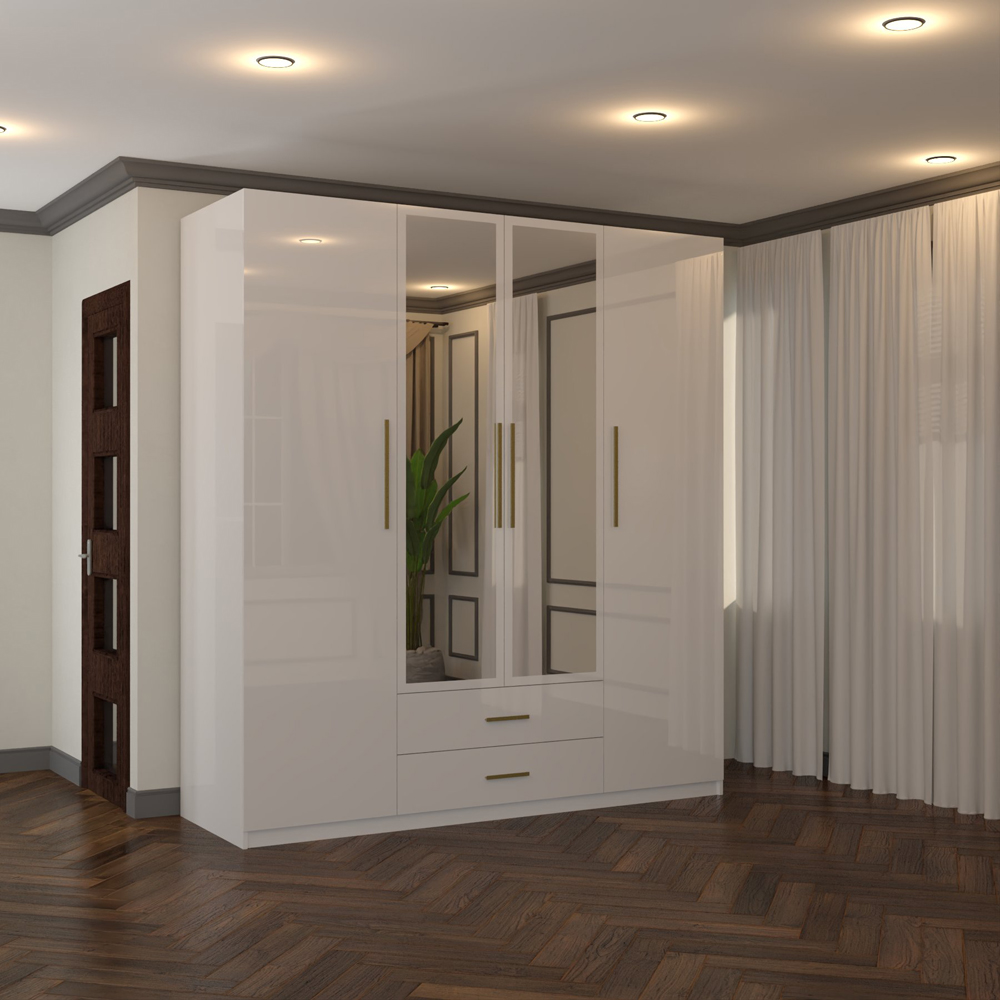 Sliding Wardrobes 4U XD1 4 Door 2 Drawer White High Gloss Gold Handle Mirror Wardrobe Image 6