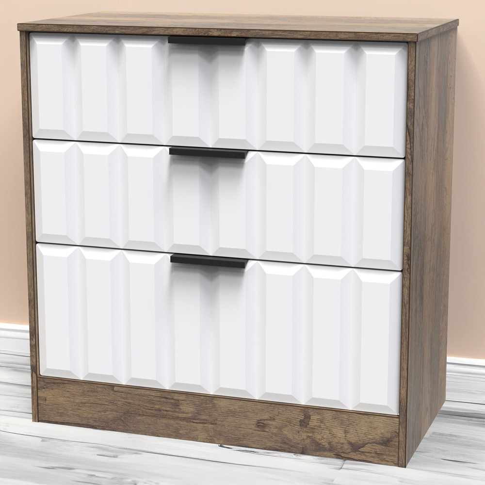 Crowndale New York 3 Drawer White Matt and Vintage Oak Deep Chest of Drawers Ready Assembled Image 1