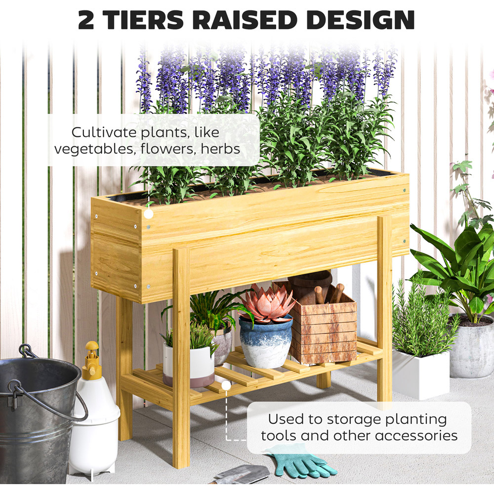 Outsunny Natural Wood Finish Wooden Raised Garden Bed with Bed Liner and Storage Shelf Image 8