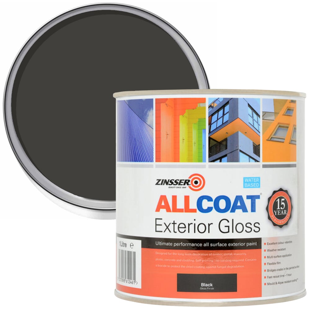 Zinsser Allcoat Black Water Based Exterior Gloss Paint 1L Image 1