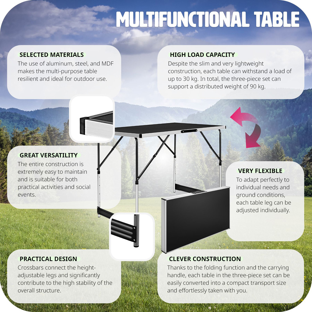 tectake Black Folding Table 3 Pack Image 3