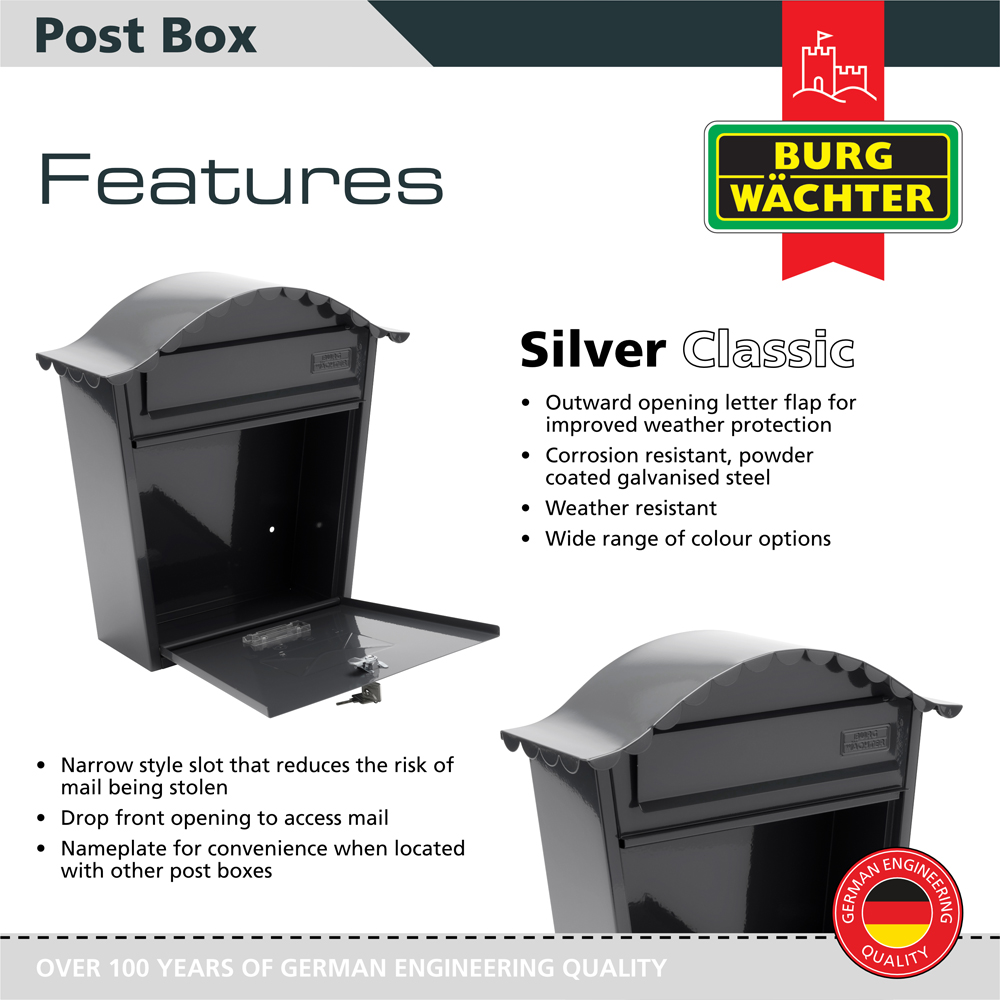 Burg-Wachter Anthracite Classic Wall Mounted Galvanised Steel Lockable Weatherproof Post Box - 36x37x13cm Image 2
