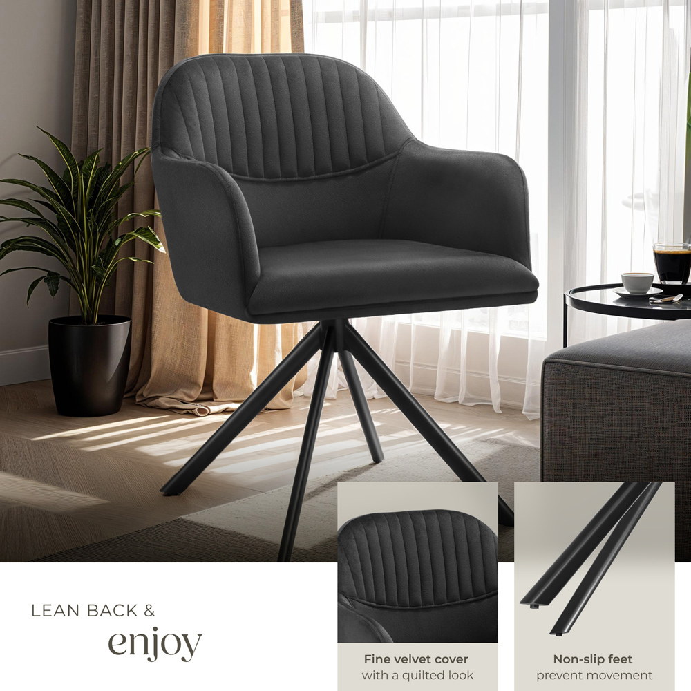 tectake Lona Set of 4 Black Velvet Upholstered Swivel Armchair Image 4