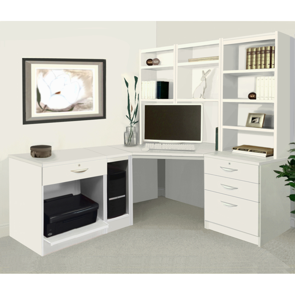 R White Cabinets 4 Drawer Corner Set-20 Computer Desk with Printer Shelf and Bookcase White Image 4