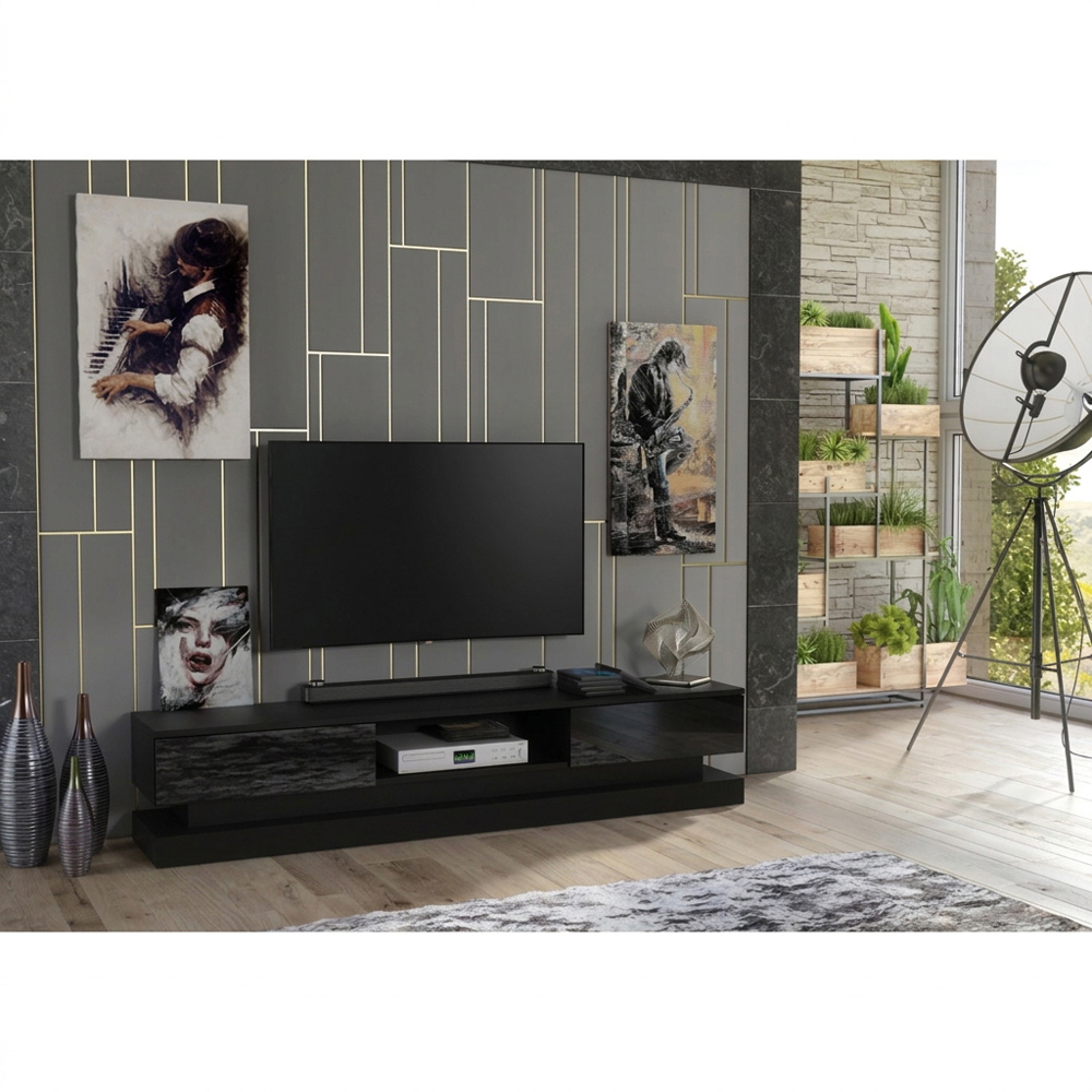 Creative Furniture Bloom Black and Black Gloss 2 Door Single Shelf TV Unit Image 6
