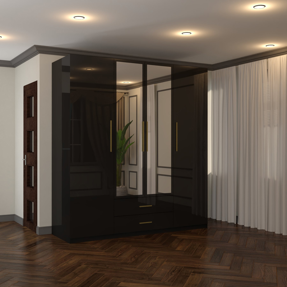 Sliding Wardrobes 4U XD1 4 Door 2 Drawer Black High Gloss Gold Handle Mirror Wardrobe Image 6