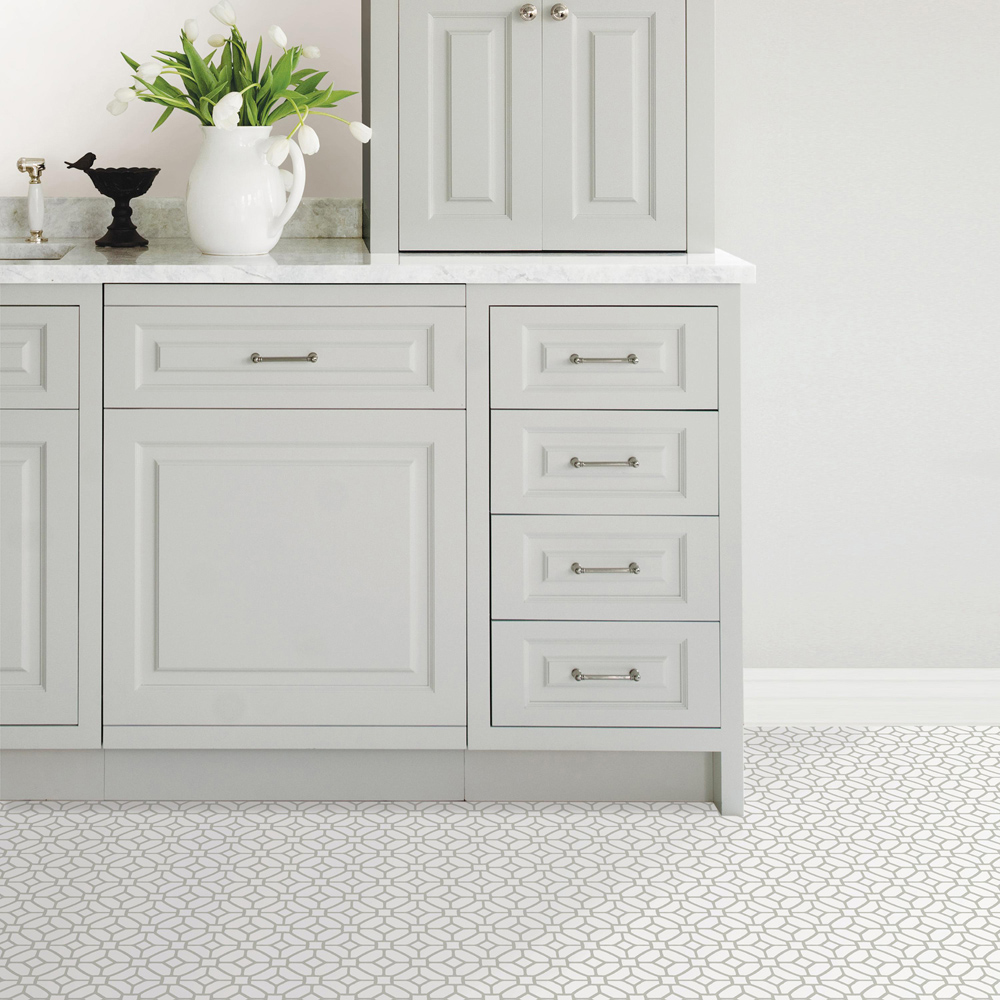 Floorpops Lattice Grey and White Peel and Stick Floor Tile 30.48 x 30.48cm 10 Pack Image 6