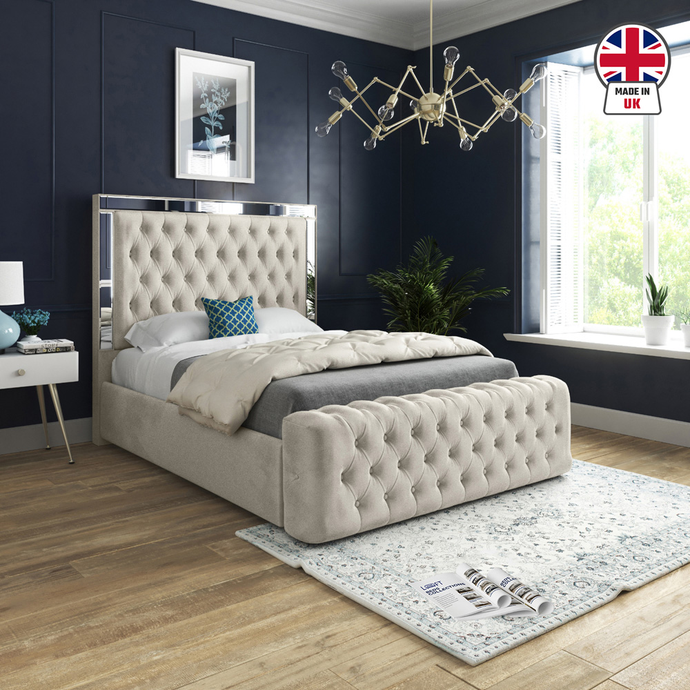 Marino Silver Small Double Velvet Upholstered Bed Frame with Mirrored Headboard Image 6