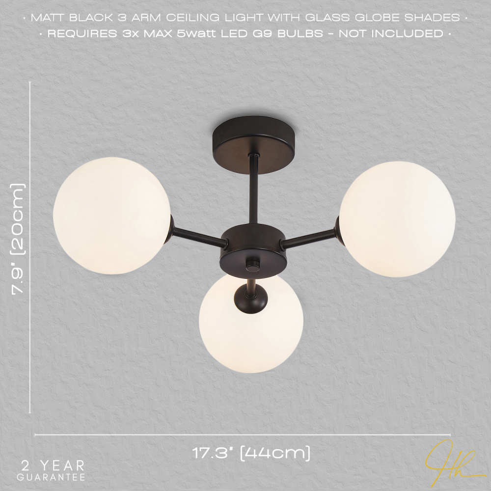 Contemporary Matte Black Ceiling Light with Opal White Globe Glass Shade Image 7