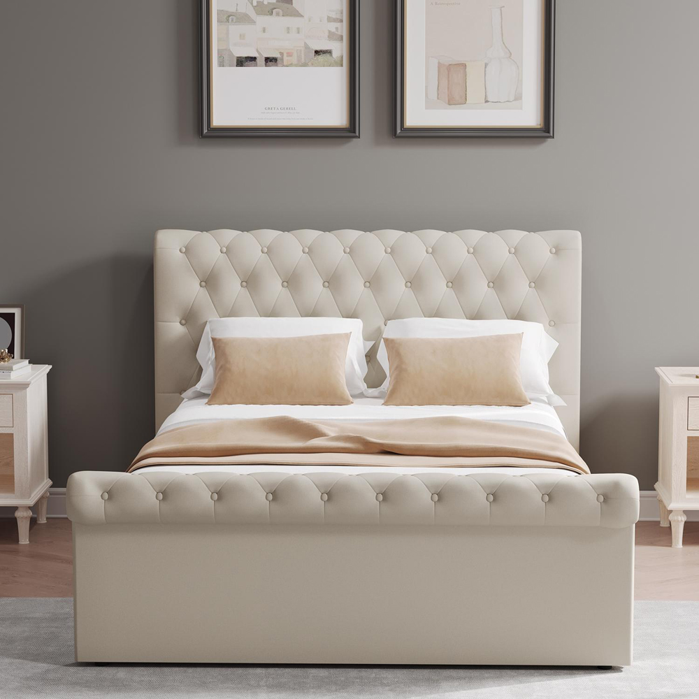 FWStyle Abbey Double Cream Almond Side Lift Ottoman Bed Frame with Scroll Buttoned Headboard Image 3