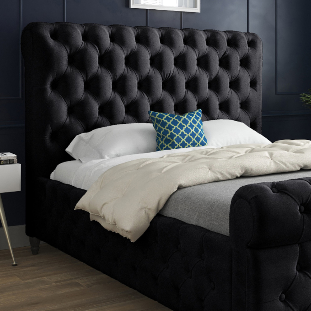 Savana Small Single Black Soft Velvet Upholstered Sleigh Bed Frame with Scrolled Headboard Image 3