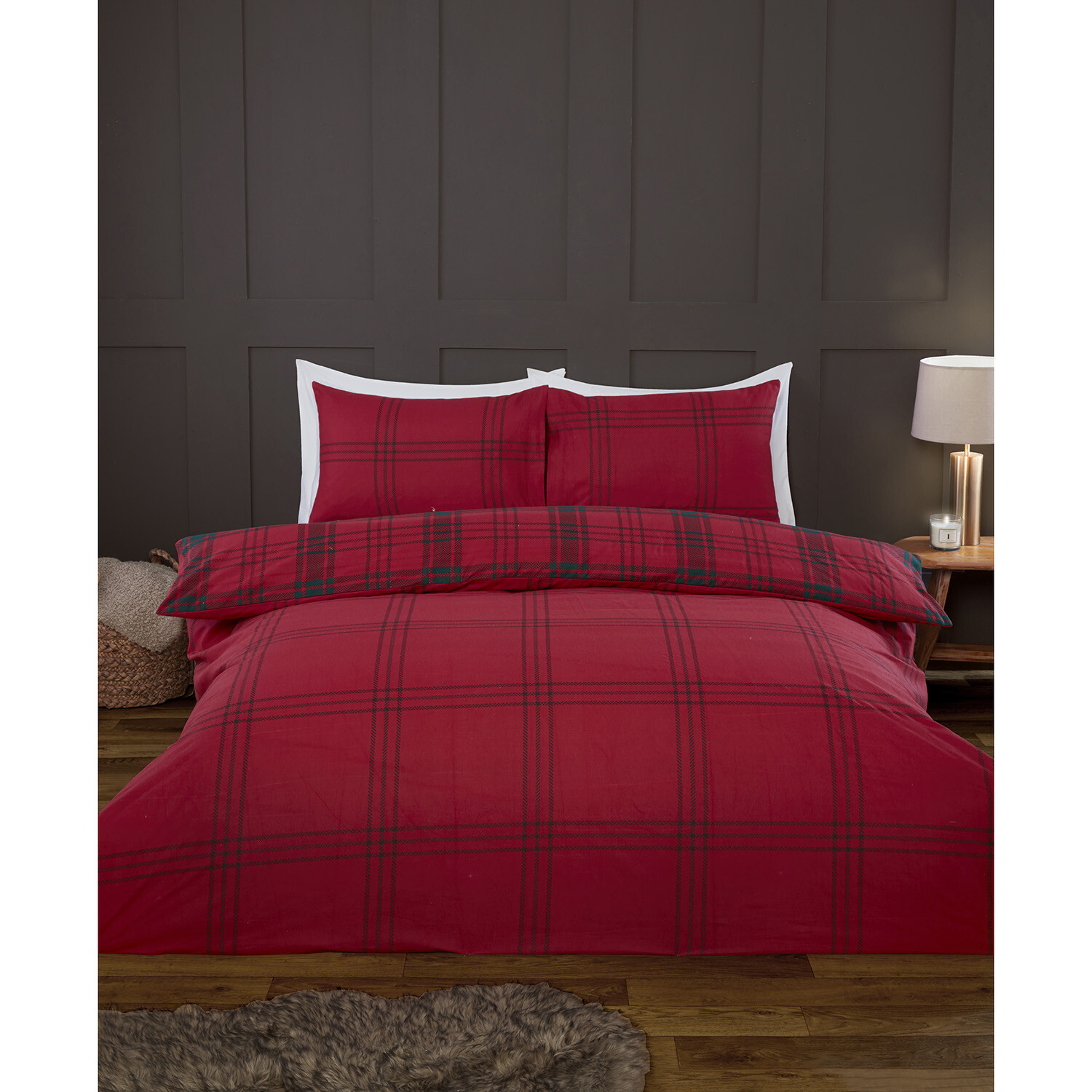 Kirkland Check Duvet Cover and Pillowcase Set - Red / Superking Image 2
