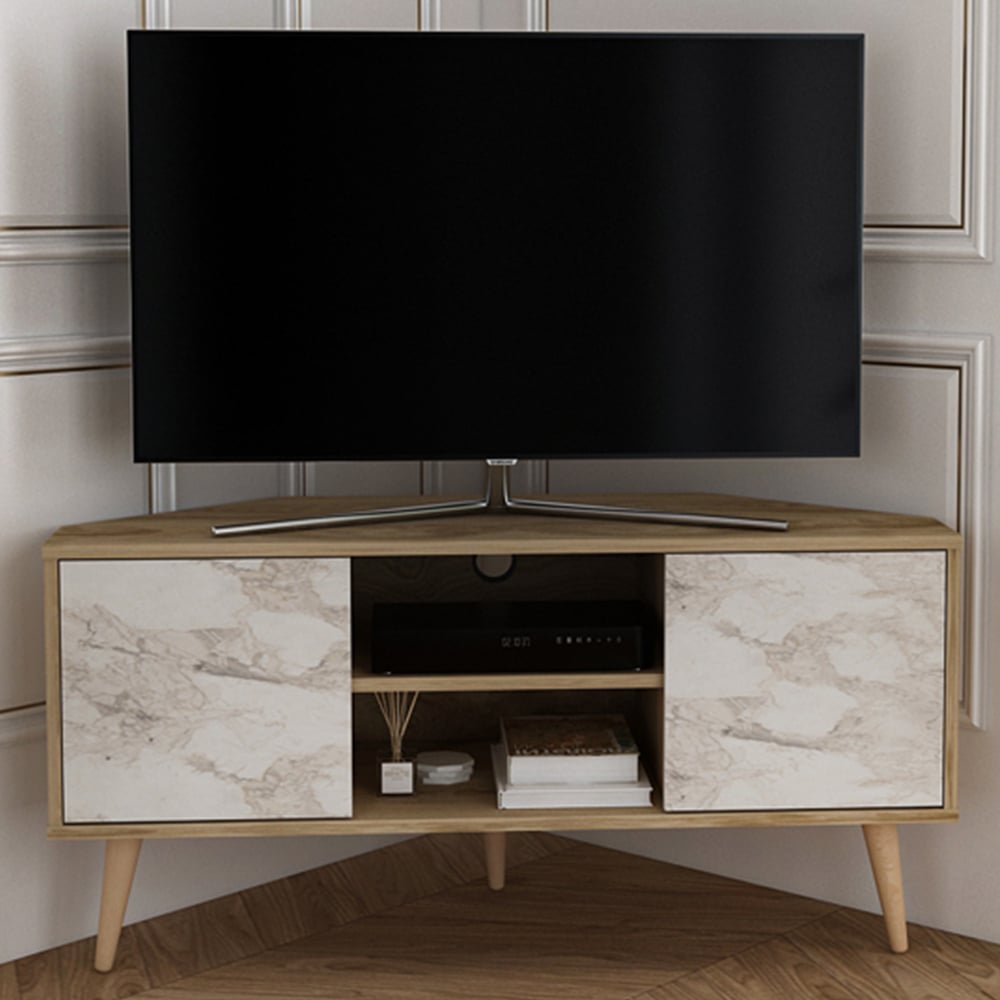 Decorotika Lesson 2 Door 2 Shelf Oud and White Marble Effect Corner TV Stand Image 1