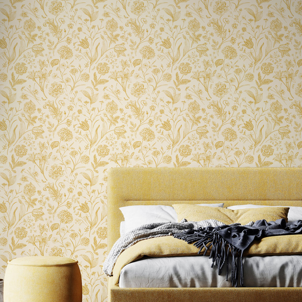 Hoopla Walls Purity Floral Toile Yellow Wallpaper Image 2