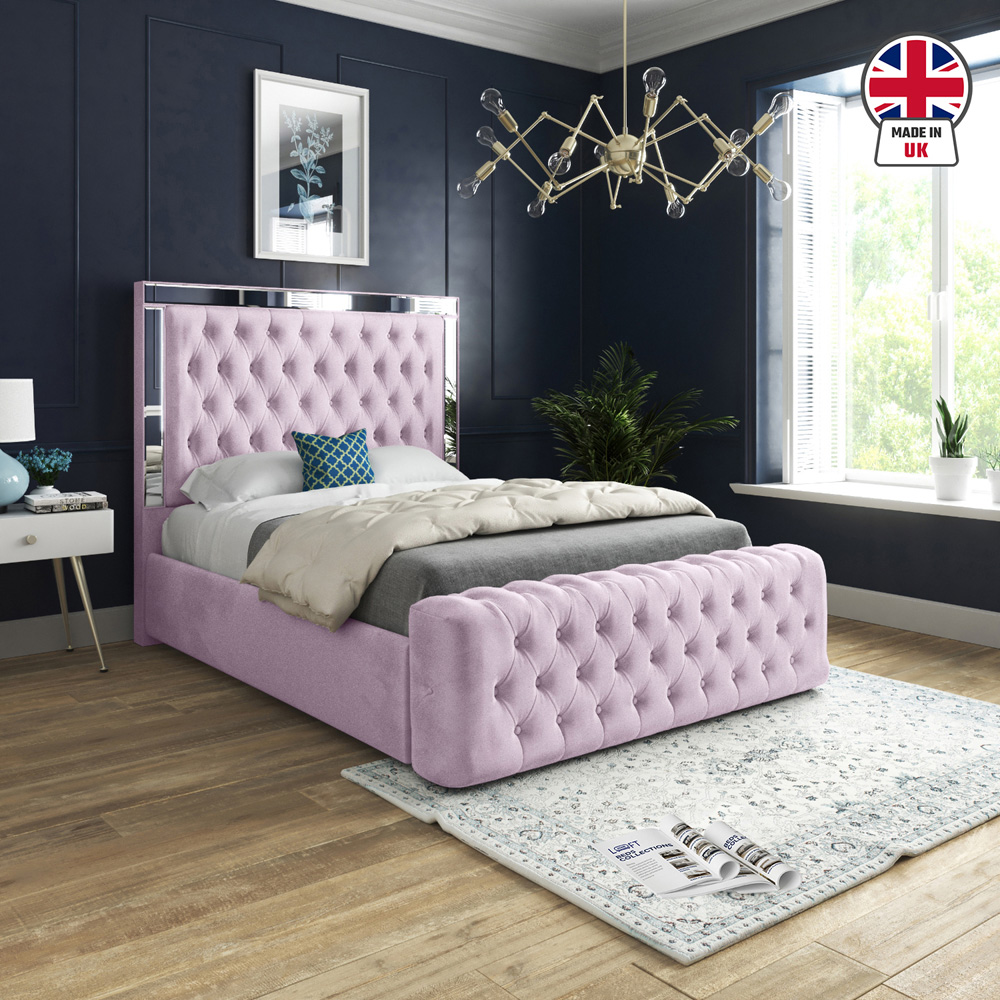 Marino Pink Small Double Velvet Upholstered Bed Frame with Mirrored Headboard Image 6