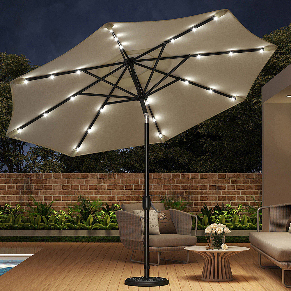 Living and Home Beige 24 Solar LED Crank and Tilt Parasol with Floral Pattern Base 3m Image 2