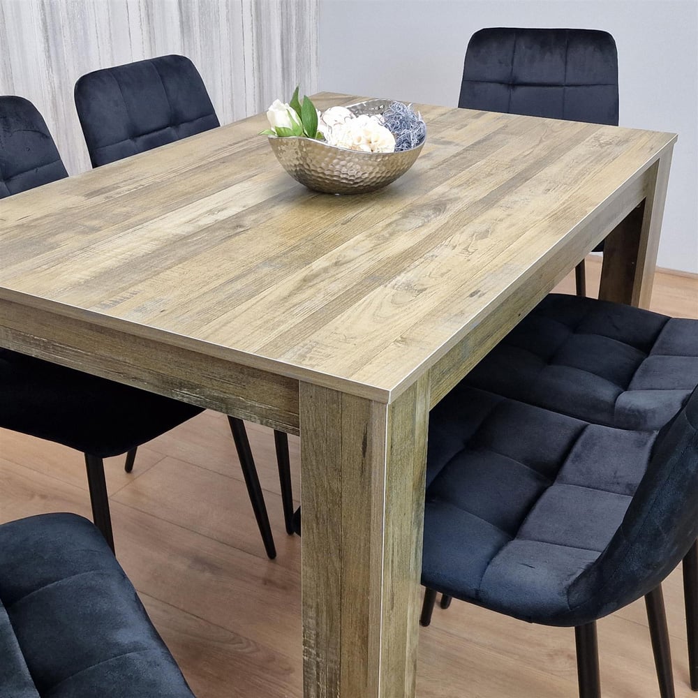 Portland 6 Seater Dining Set Rustic Effect and Black Velvet Image 6
