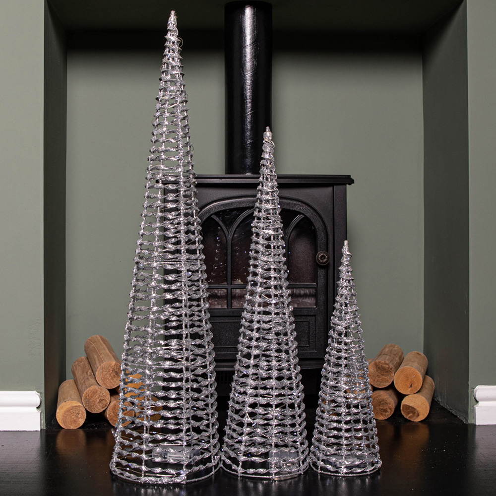 Samuel Alexander Cool White LED Pre Lit Silver Glitter Twist Cone Christmas Tree Set of 3 Image 3