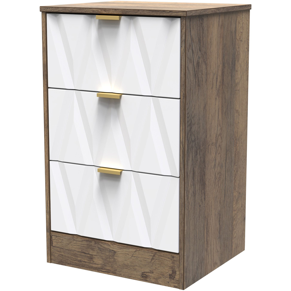 Crowndale Las Vegas 3 Drawer Matt White and Vintage Oak Bedside Table Ready Assembled Image 2