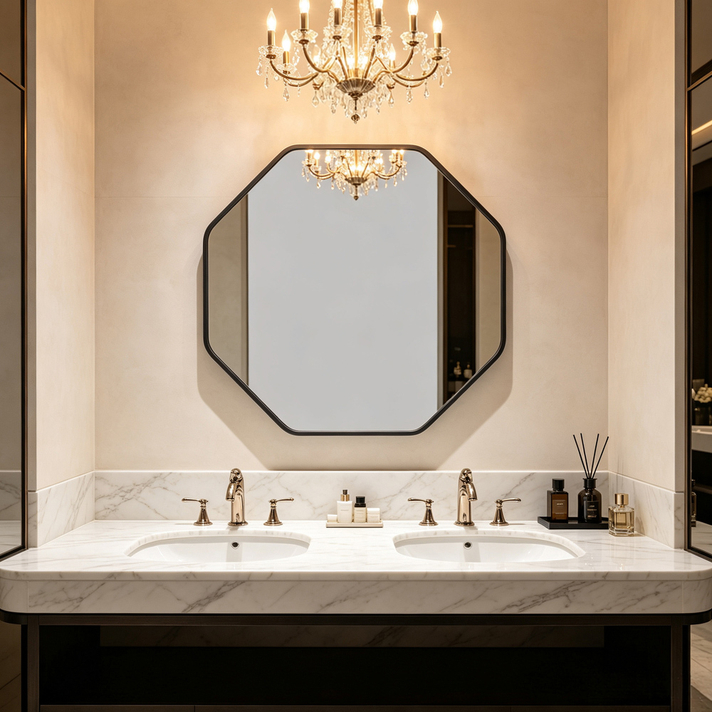 Living and Home Black Hexagonal Aluminium Framed HD Float Glass Bathroom Mirror 40 x 40cm Image 2
