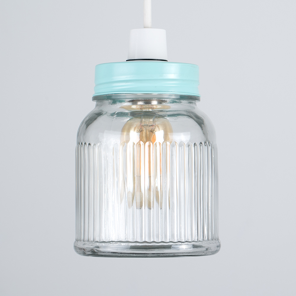 ValueLights Ribbed Glass Jar Duck Egg Blue Pendant Lamp Shade Image 2