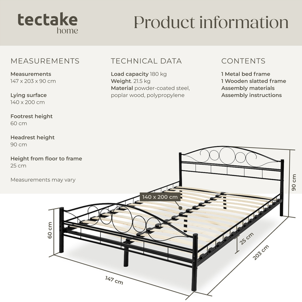 tectake Double Black Metal Bed Frame with Slatted Base Image 8