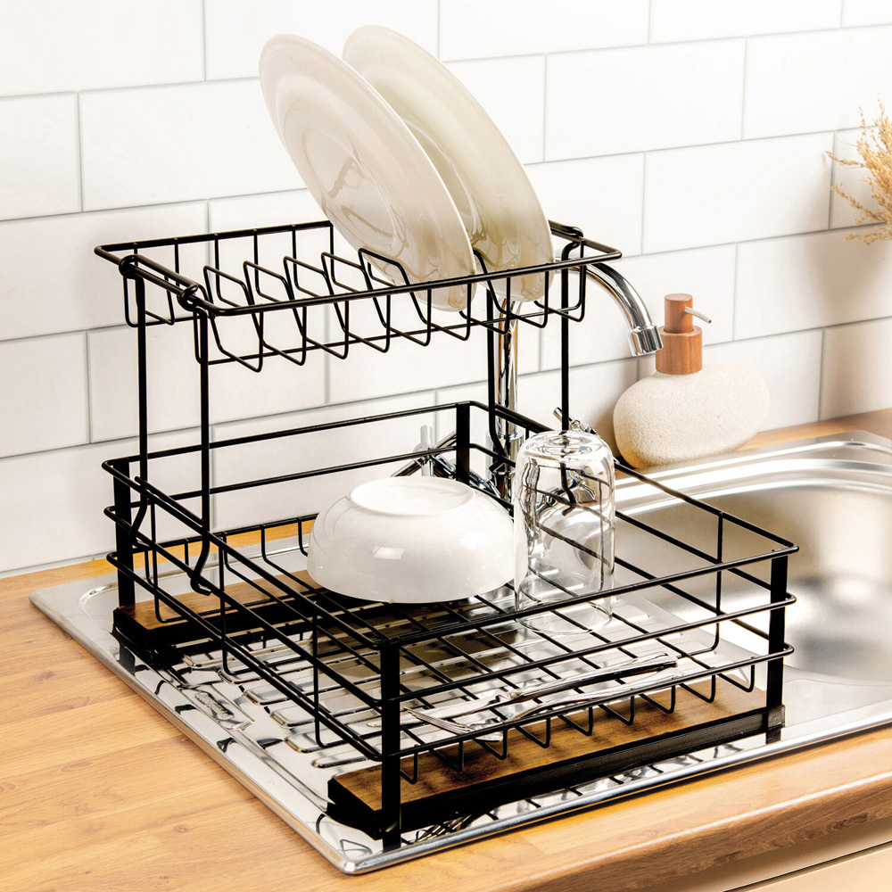 Malmo 2 Tier Bamboo Dish Drainer Black Image 2