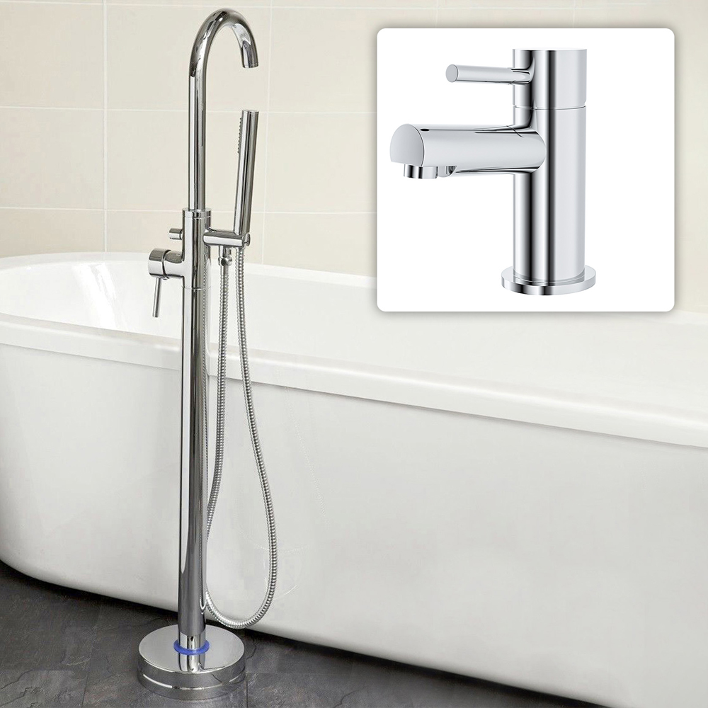 Nes Home Rosette Chrome Freestanding Bath Shower Mixer with Basin Sink Mono Tap Image 2