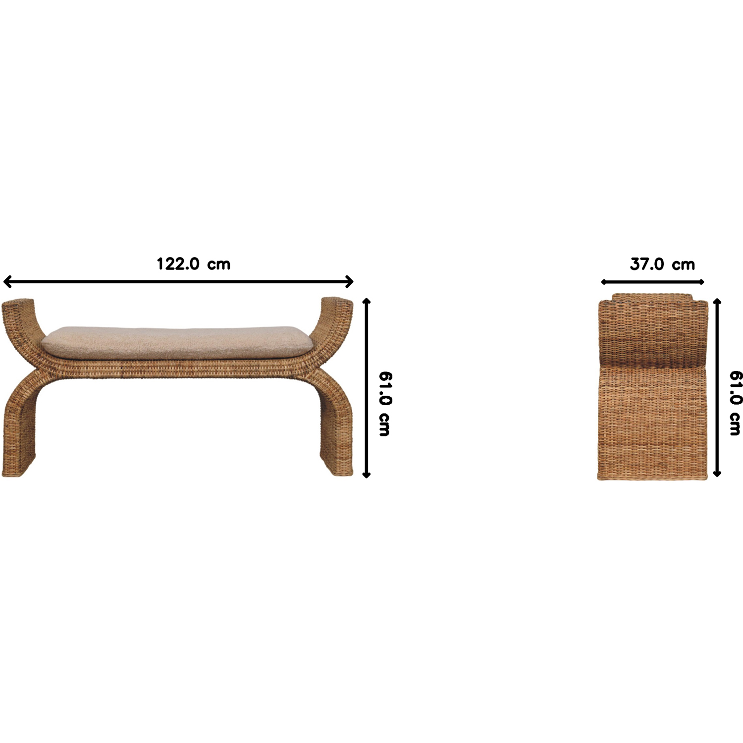 Artisan Furniture Brown and Cream Rattan Weave Boucle Upholstered Solid Wood Bench Image 8