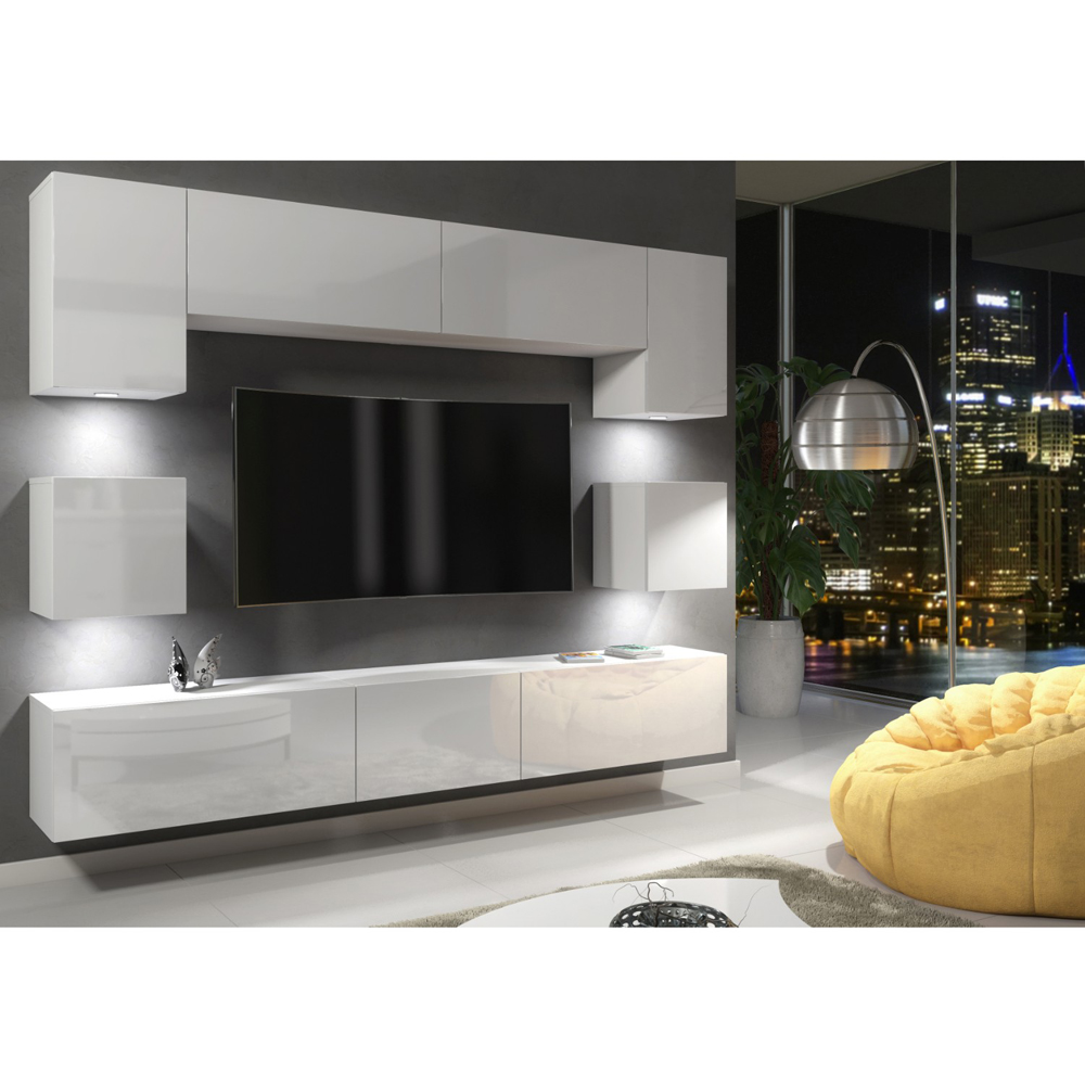 Creative Furniture Panorama White and White Gloss 9-Piece Wall TV Unit with LED Image 2