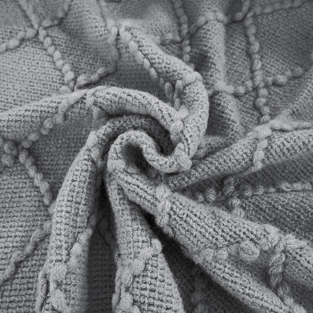 Living and Home Light Grey Diamond Knit Throw Blanket with Tassels 130 x 170cm Image 3