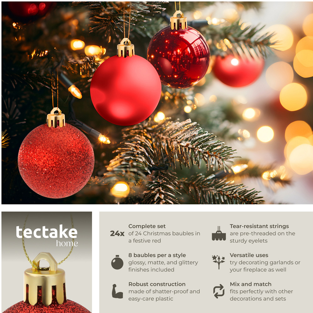 tectake Red Shatterproof Christmas Baubles 24 Pack Image 6
