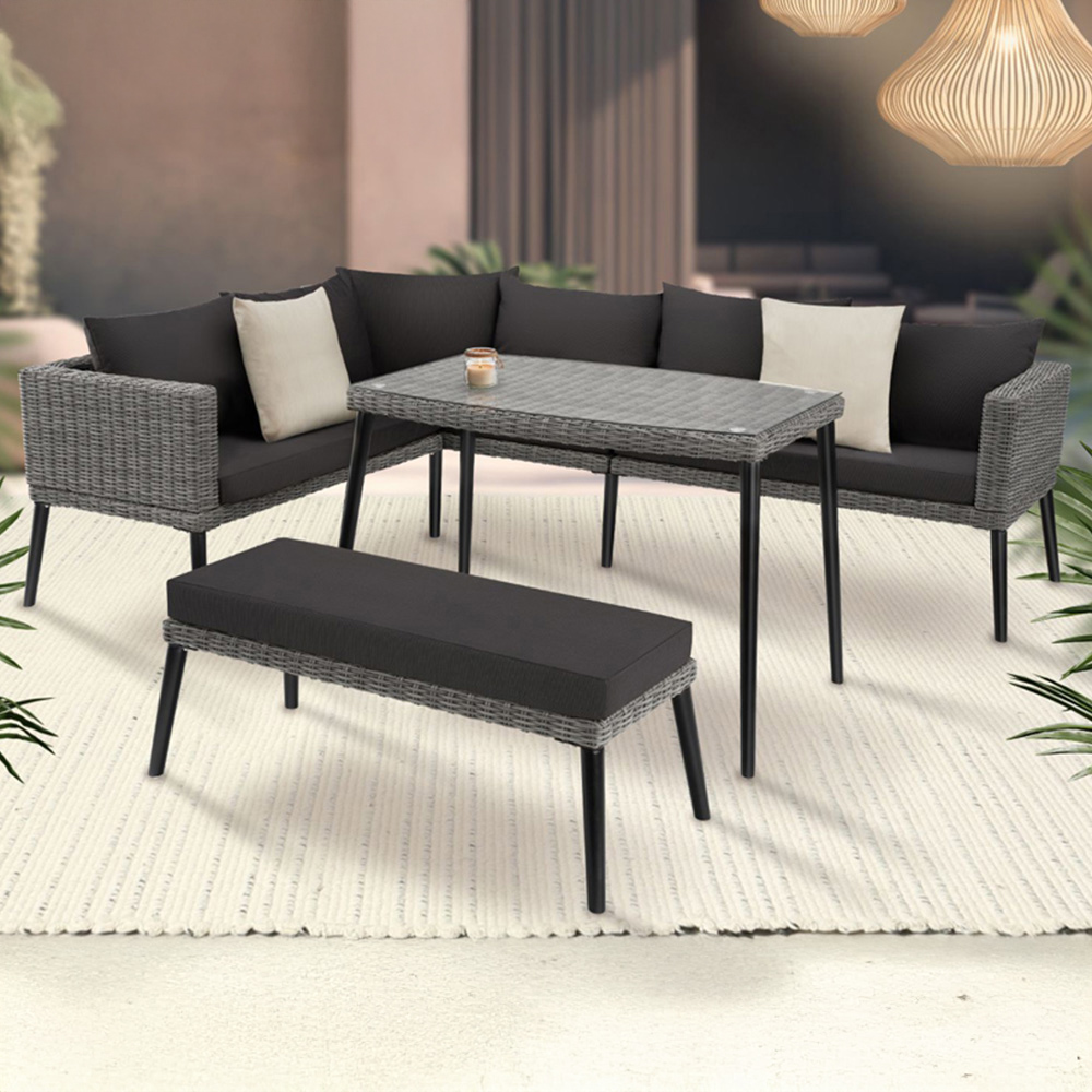 tectake Pula 7 Seater Grey Rattan Garden Corner Lounge Set Image 1