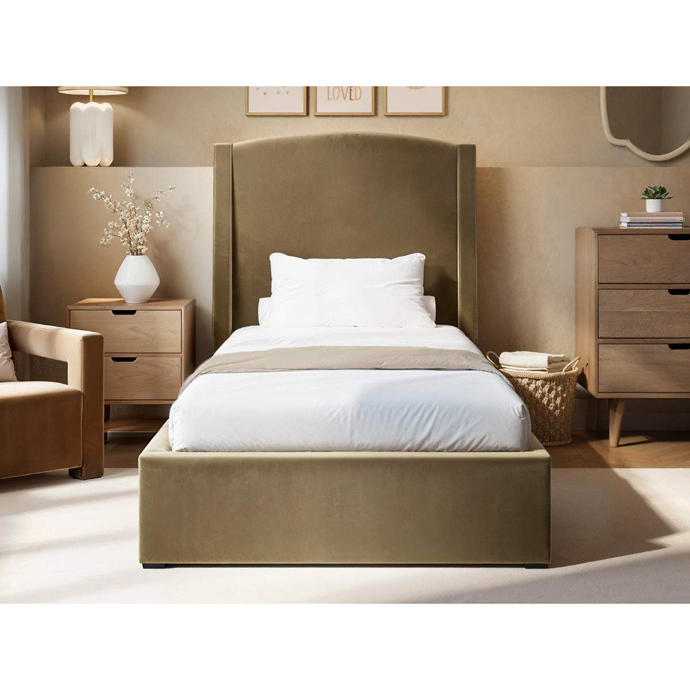 Solace+Co Blaine Single Sand Velvet Winged Headboard Ottoman Bed Image 5