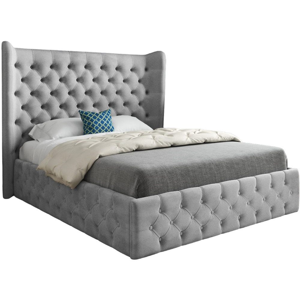Florence Grey Double Velvet Upholstered Bed Frame with Wide Winged Chesterfield Headboard Image 2
