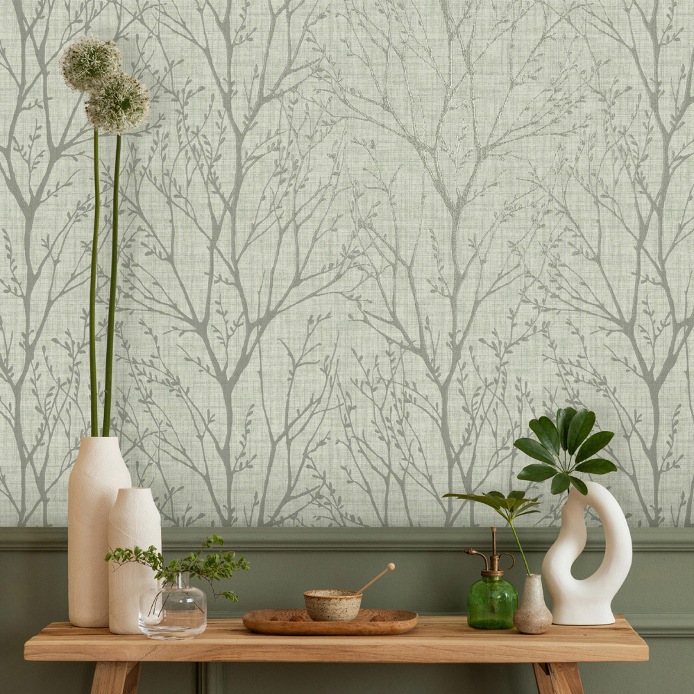 Crown Lynford Trees Fabric Effect Green Wallpaper Image 2