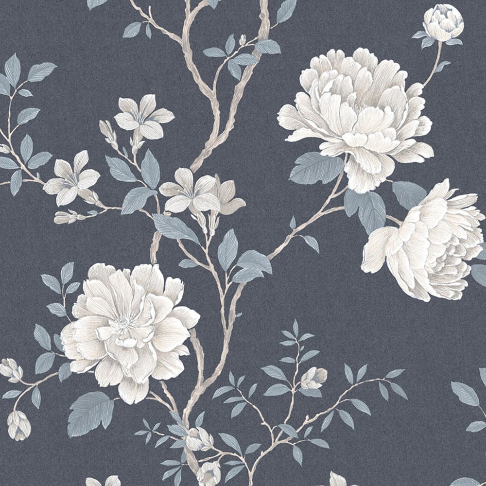 Galerie Vintage Roses Large Rose Trail Dark Blue Beige Wallpaper Image 1