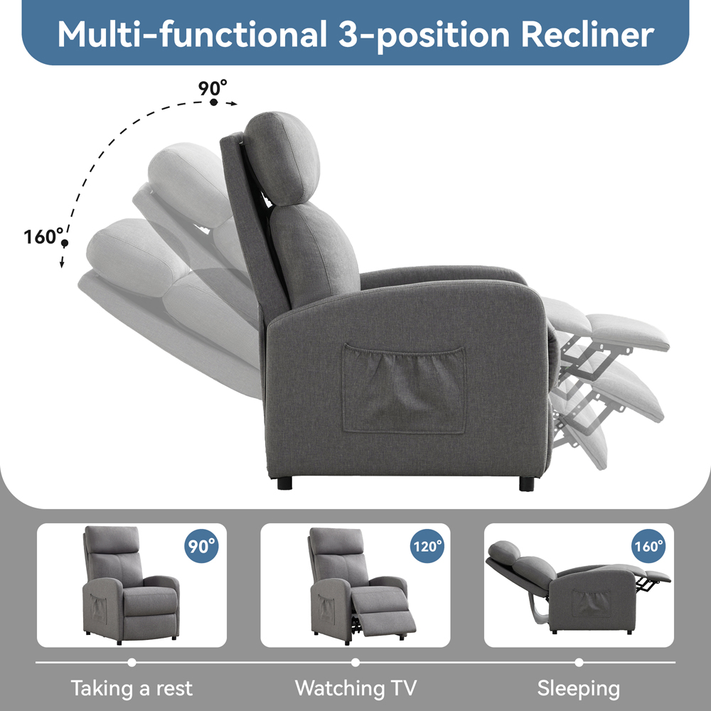 Linen Fabric Grey Recliner Pushback Adjustable Arm Chair Image 7