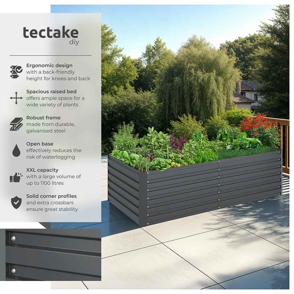 tectake Galvanised Steel Raised Garden Bed 1100L 200 x 80 x 56cm Image 2