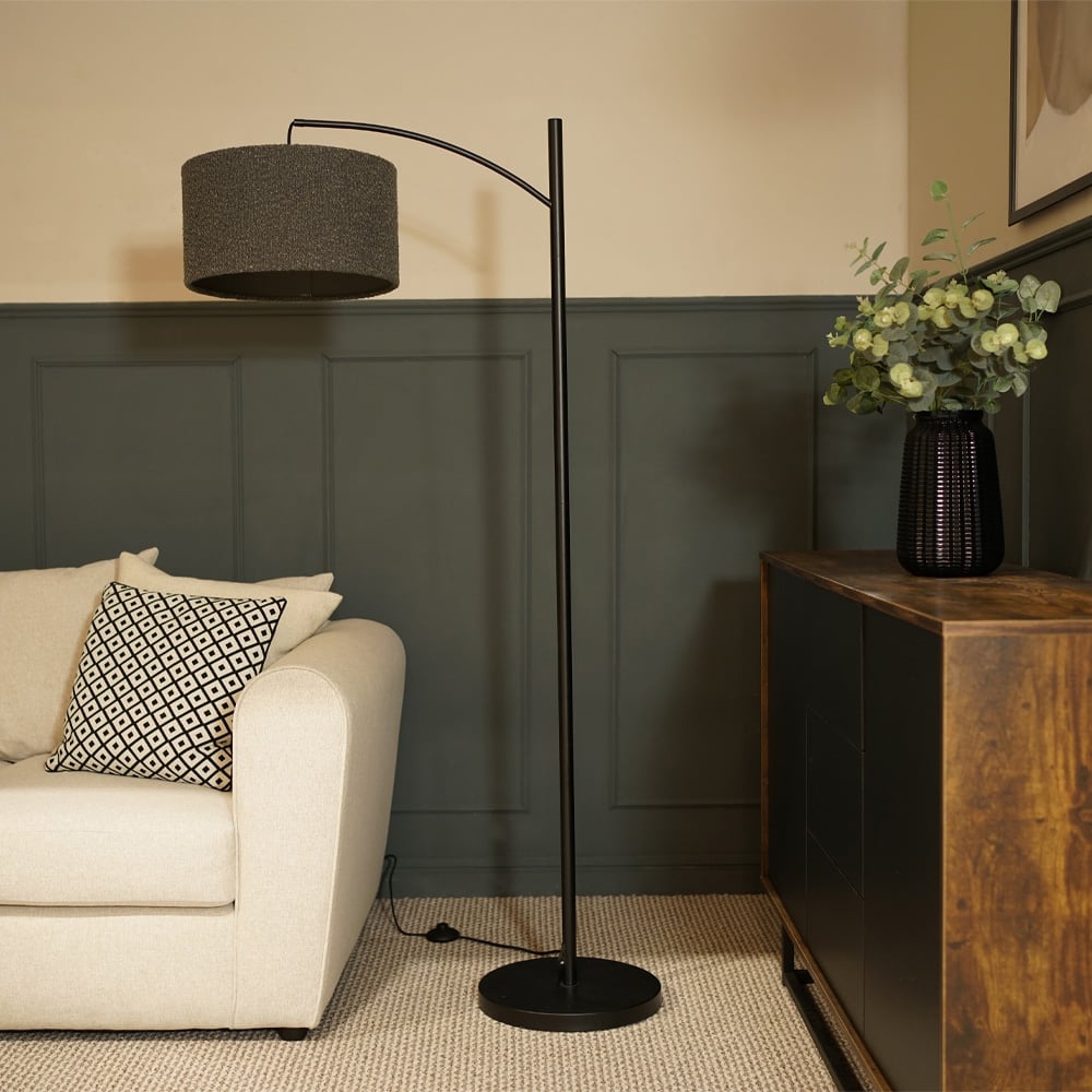 ValueLights Preto Black and Charcoal Boucle Shade Metal LED Floor Lamp Image 2