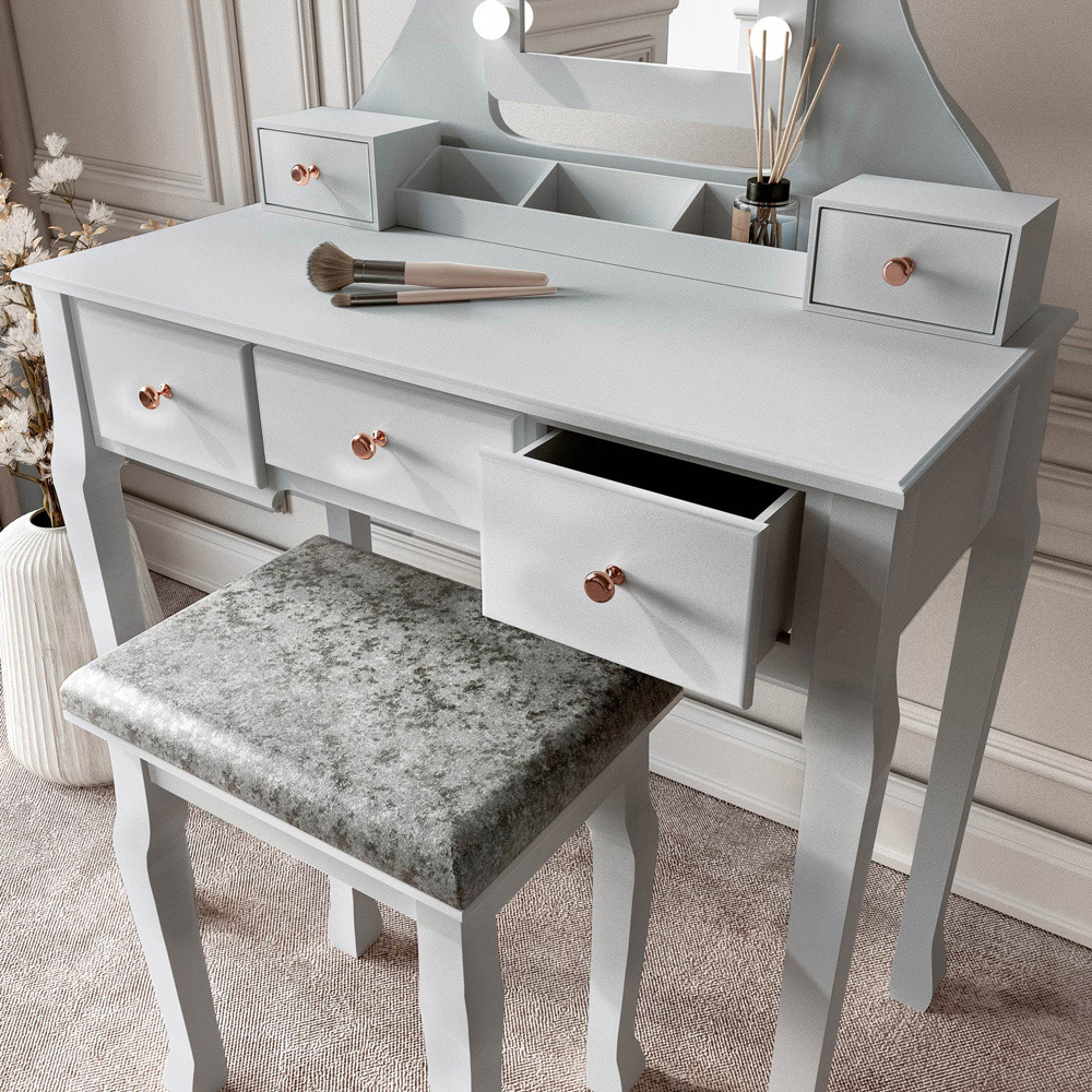 CARME Home Arianna 5 Drawer Grey Hollywood Mirror Light Deluxe Dressing Table Image 4