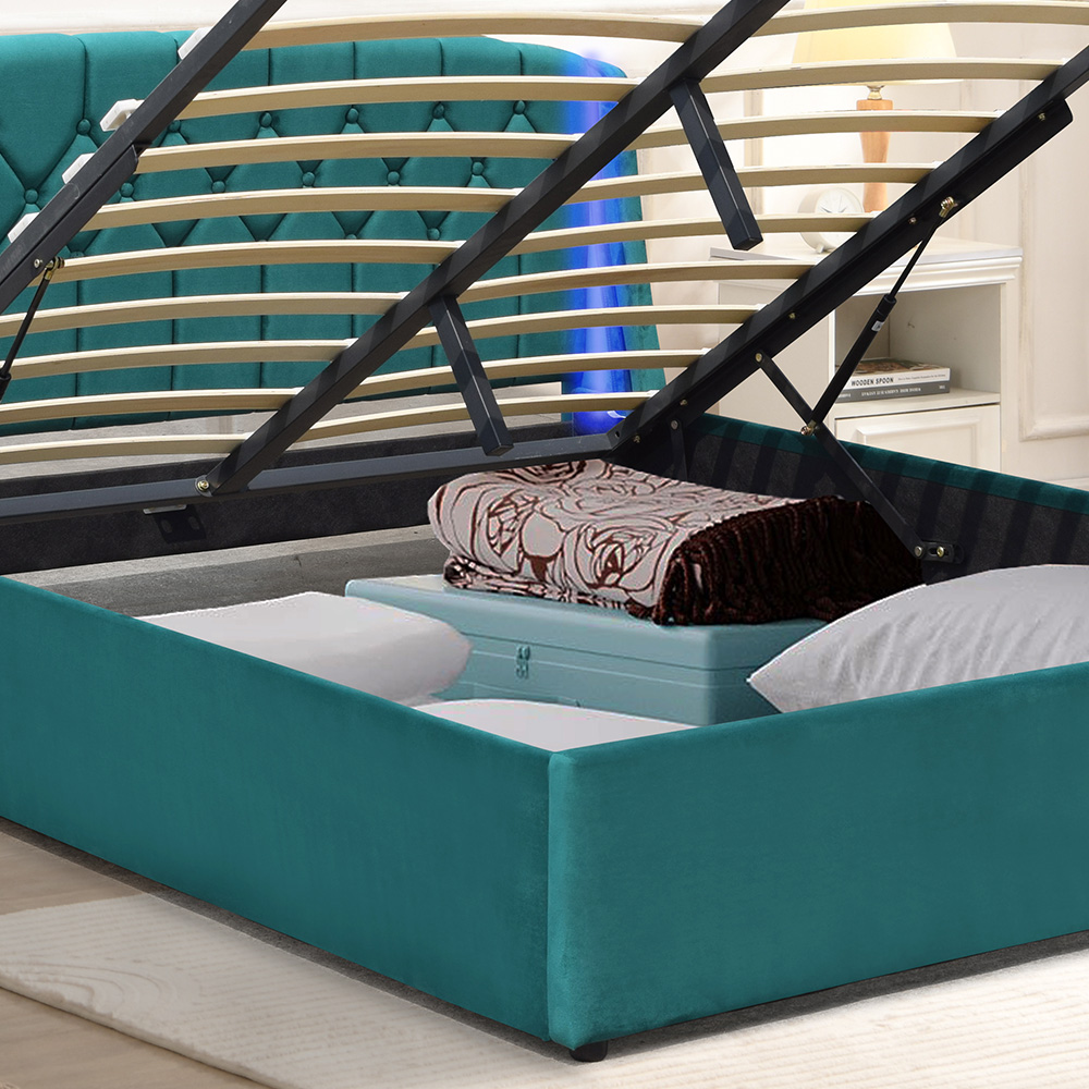 Comfy Living Double Green Fabric Gaslift Bed Frame with LED Headboard Image 3